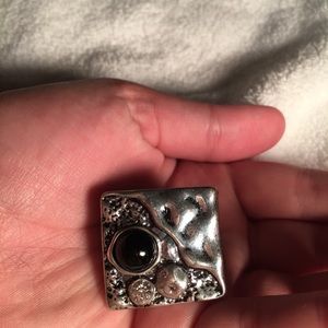 Modern Large silver CZ & faux onyx Ring
